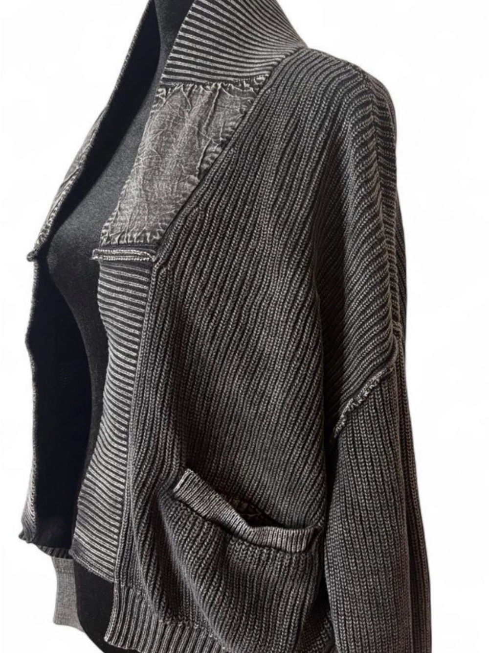 Open-Front Charcoal Ribbed Knit Cardigan - Picture 4 of 6